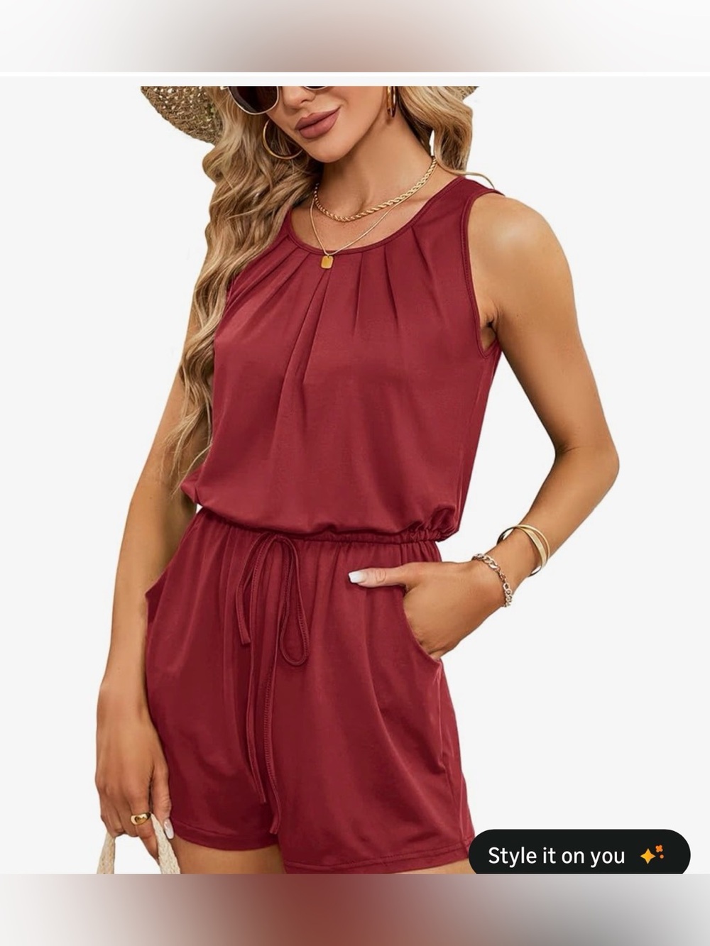 Large Odosalii Sleeveless Wine Red Drawstring Romper one piece shorts Jumpsuit